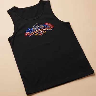 Vintage patriotic T-shirt with American flags and proud text in shield — printed on a tank top