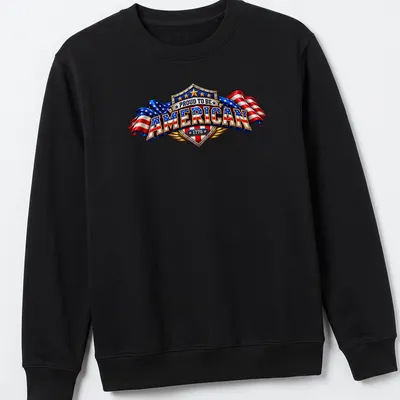Vintage patriotic T-shirt with American flags and proud text in shield — printed on a unisex sweatshirt
