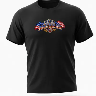 Vintage patriotic T-shirt with American flags and proud text in shield
