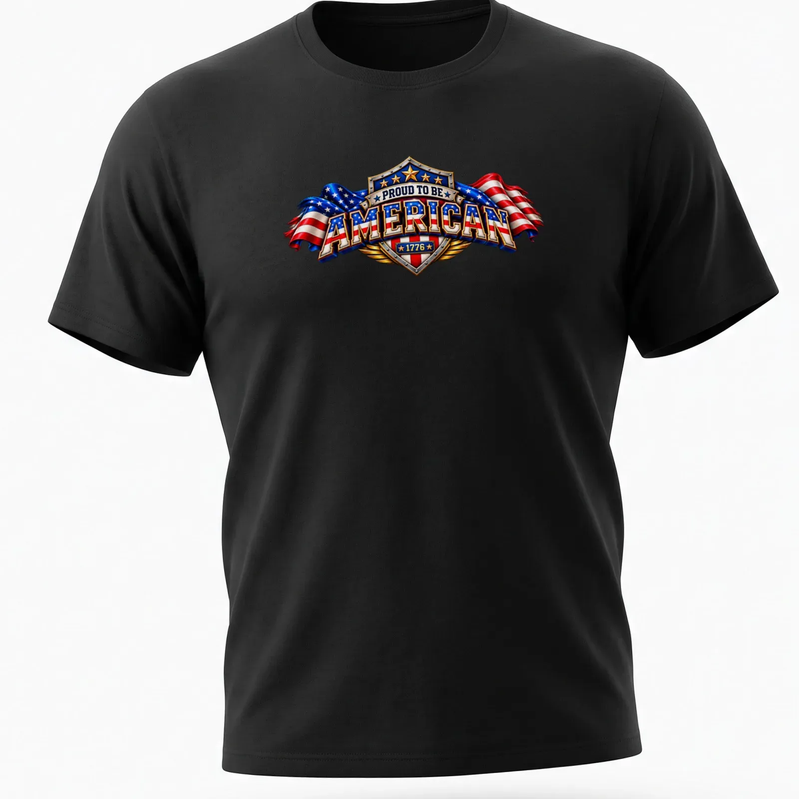 Vintage patriotic T-shirt with American flags and proud text in shield — printed on a unisex t-shirt