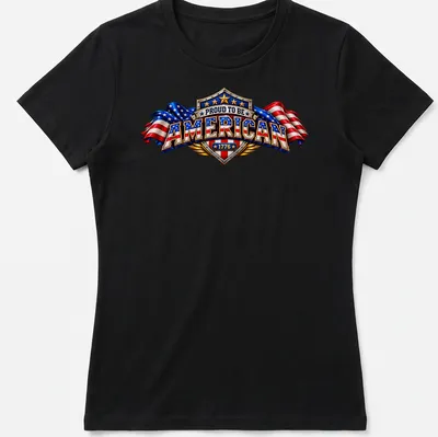 Vintage patriotic T-shirt with American flags and proud text in shield — printed on a women's shirt