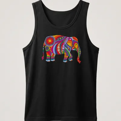 Psychedelic elephant design in rainbow colors, featuring retro hippie style — printed on a tank top