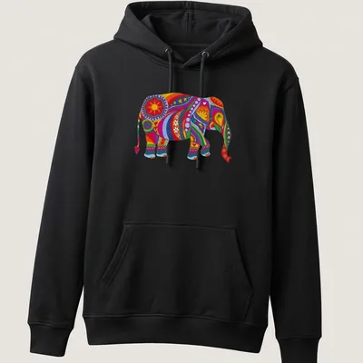 Psychedelic elephant design in rainbow colors, featuring retro hippie style — printed on a unisex hoodie