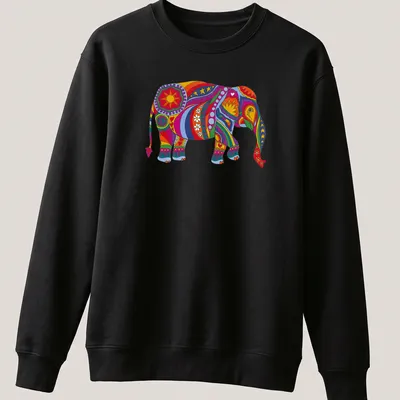 Psychedelic elephant design in rainbow colors, featuring retro hippie style — printed on a unisex sweatshirt