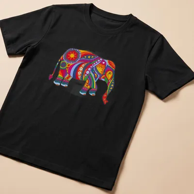 Psychedelic elephant design in rainbow colors, featuring retro hippie style