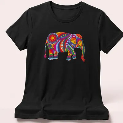 Psychedelic elephant design in rainbow colors, featuring retro hippie style — printed on a women's shirt