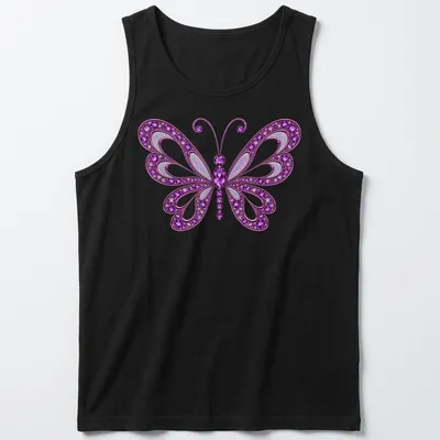 Illustration of a purple butterfly with sparkling gems in various colors — printed on a tank top