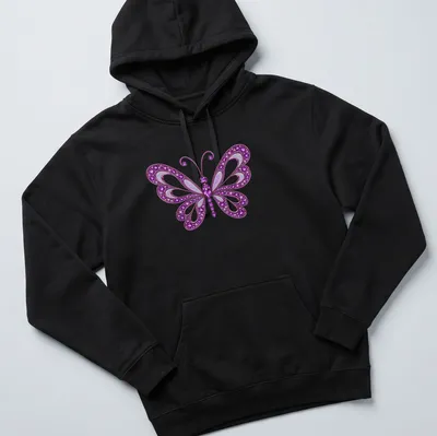 Illustration of a purple butterfly with sparkling gems in various colors — printed on a unisex hoodie