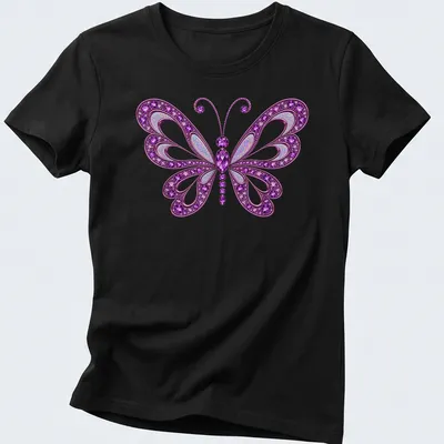 Illustration of a purple butterfly with sparkling gems in various colors — printed on a women's shirt