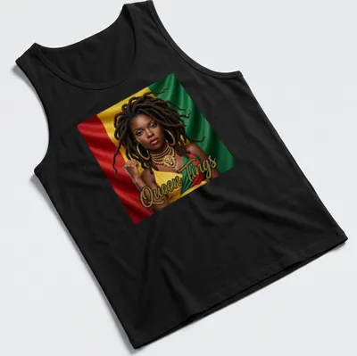 Empowering illustration of a woman with dreadlocks and vibrant colors saying 'Queen Tings' — printed on a tank top