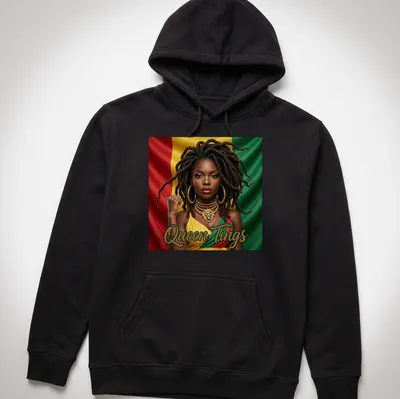 Empowering illustration of a woman with dreadlocks and vibrant colors saying 'Queen Tings' — printed on a unisex hoodie