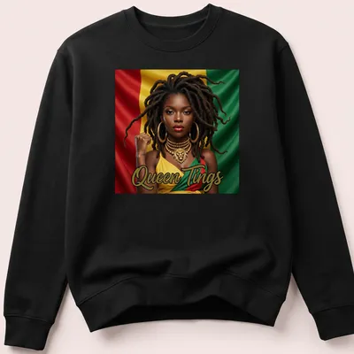 Empowering illustration of a woman with dreadlocks and vibrant colors saying 'Queen Tings' — printed on a unisex sweatshirt