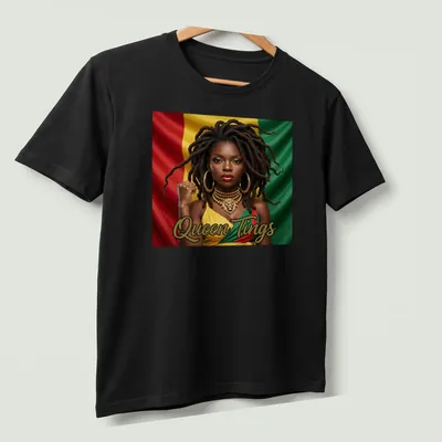 Empowering illustration of a woman with dreadlocks and vibrant colors saying 'Queen Tings' — printed on a unisex t-shirt (angled view)
