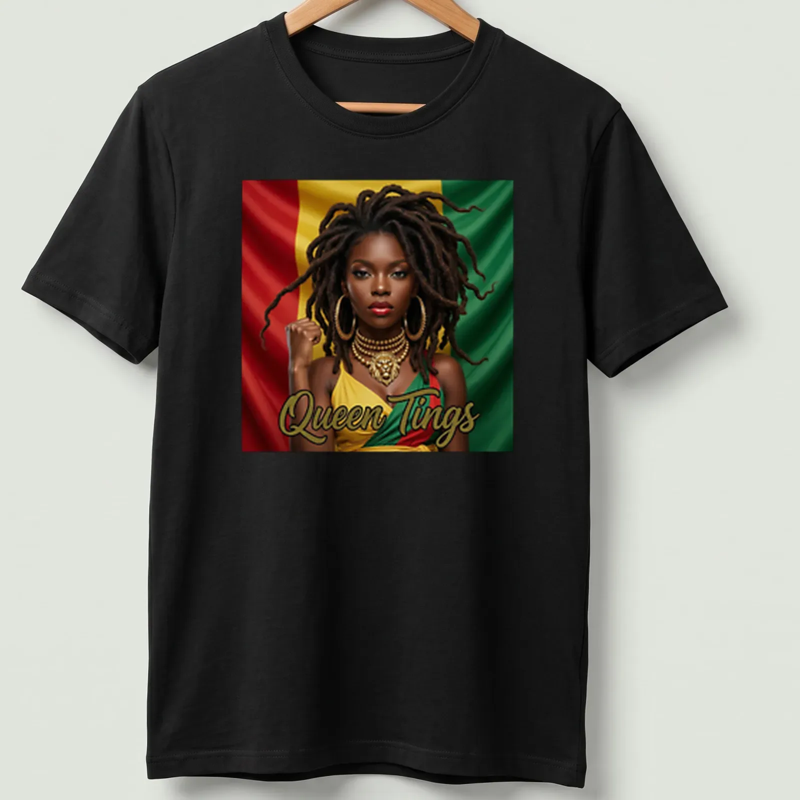 Empowering illustration of a woman with dreadlocks and vibrant colors saying 'Queen Tings' — printed on a unisex t-shirt