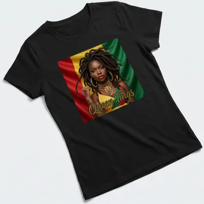 Empowering illustration of a woman with dreadlocks and vibrant colors saying 'Queen Tings' — printed on a women's shirt