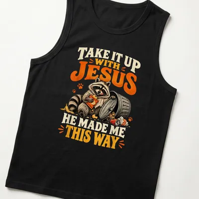 Vintage illustration of a raccoon with humorous text about individuality — printed on a tank top