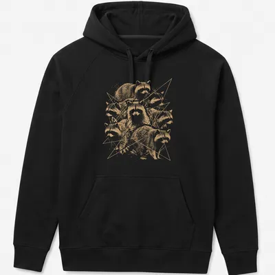 Grunge style T-shirt featuring distressed raccoon artwork in gold, white, and black. — printed on a unisex hoodie
