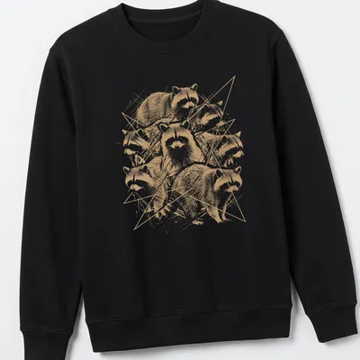 Grunge style T-shirt featuring distressed raccoon artwork in gold, white, and black. — printed on a unisex sweatshirt