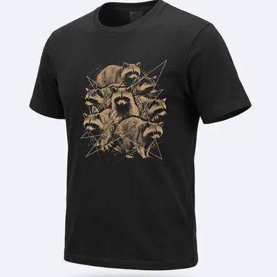 Grunge style T-shirt featuring distressed raccoon artwork in gold, white, and black.