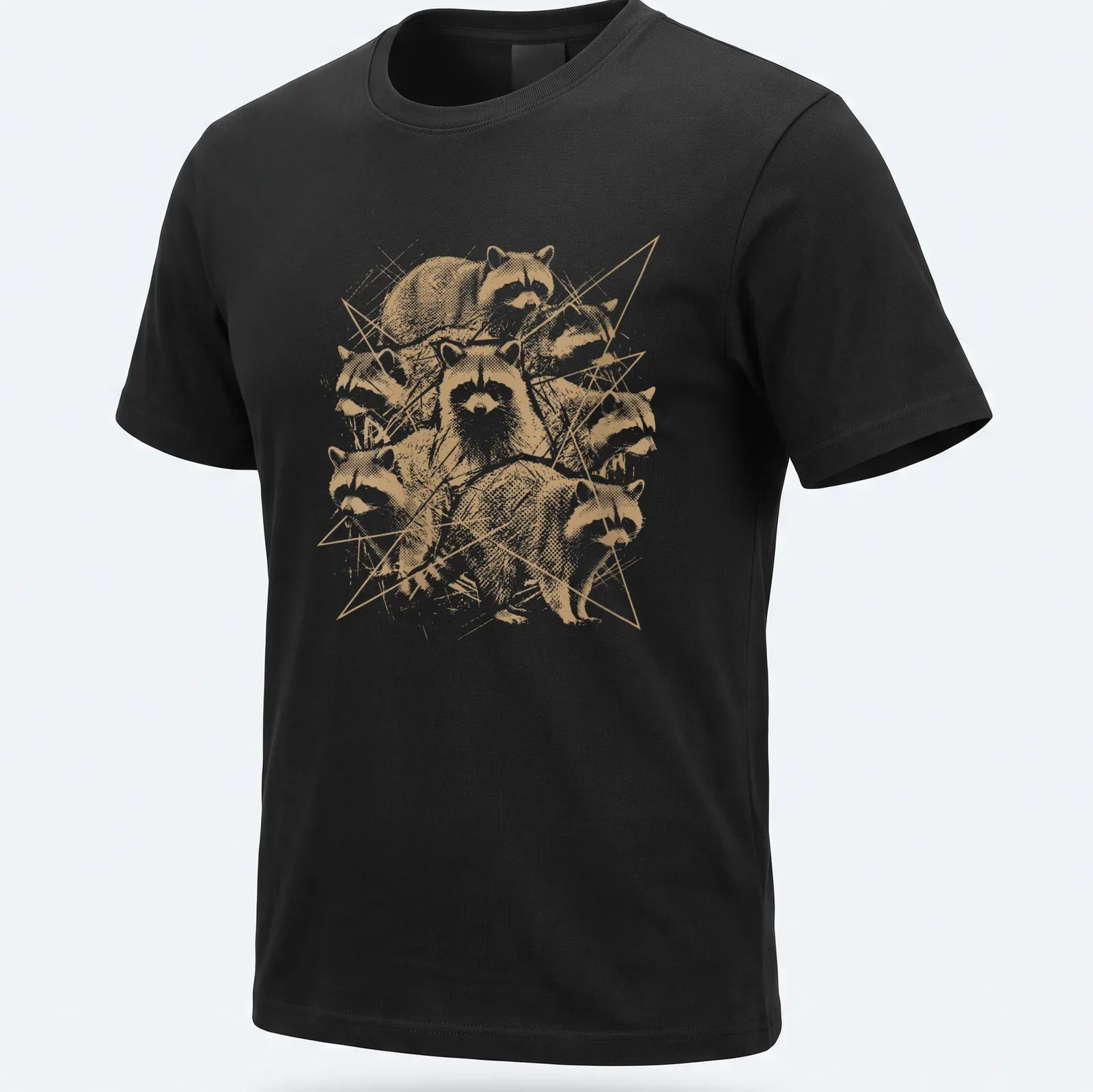 Grunge style T-shirt featuring distressed raccoon artwork in gold, white, and black. — printed on a unisex t-shirt
