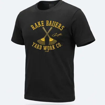 Bold vintage graphic tee with crossed rakes and yard work company text