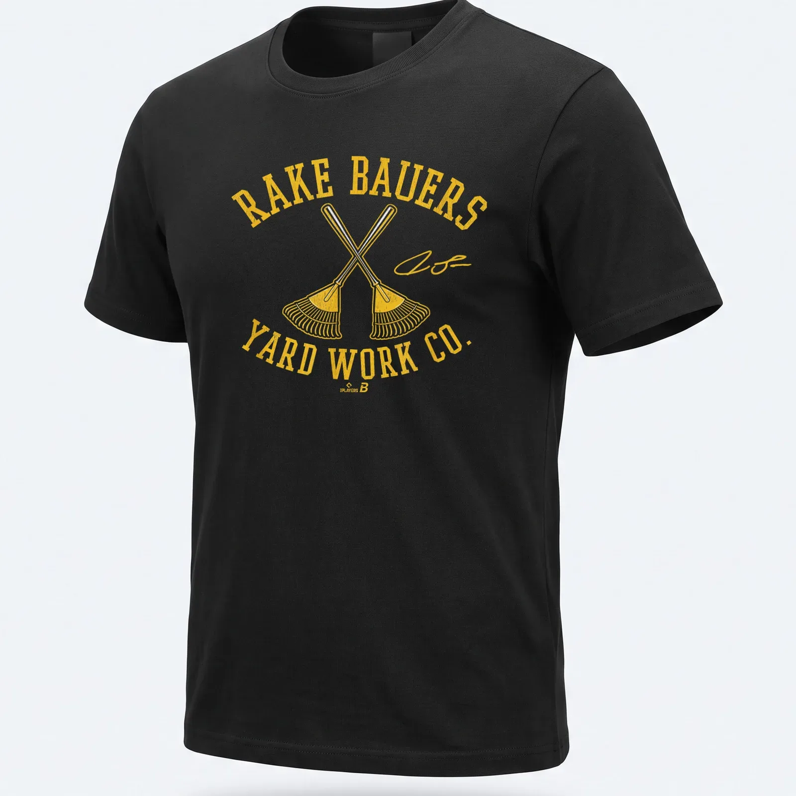 Bold vintage graphic tee with crossed rakes and yard work company text — printed on a unisex t-shirt