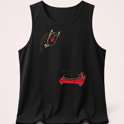 Cartoonish happy vinyl record jumping onto a turntable in red, beige, and white — printed on a tank top