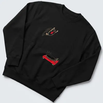 Cartoonish happy vinyl record jumping onto a turntable in red, beige, and white — printed on a unisex sweatshirt