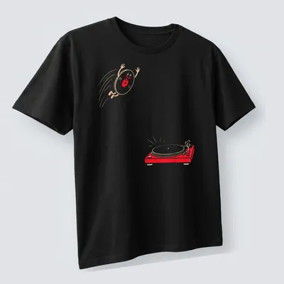 Cartoonish happy vinyl record jumping onto a turntable in red, beige, and white — printed on a unisex t-shirt (angled view)