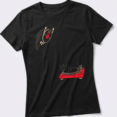 Cartoonish happy vinyl record jumping onto a turntable in red, beige, and white — printed on a women's shirt