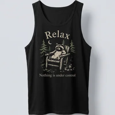 Vintage illustration of a raccoon with the text 'Relax Nothing is under control' — printed on a tank top