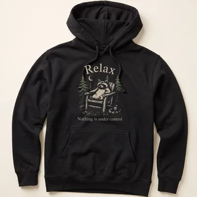 Vintage illustration of a raccoon with the text 'Relax Nothing is under control' — printed on a unisex hoodie