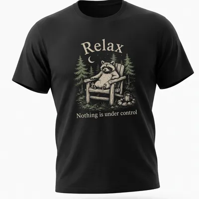 Vintage illustration of a raccoon with the text 'Relax Nothing is under control'