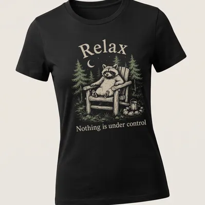 Vintage illustration of a raccoon with the text 'Relax Nothing is under control' — printed on a women's shirt