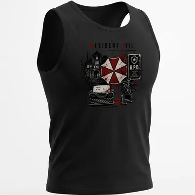 Gothic horror Resident Evil R.P.D. T-shirt with typewriter and Umbrella logo — printed on a tank top