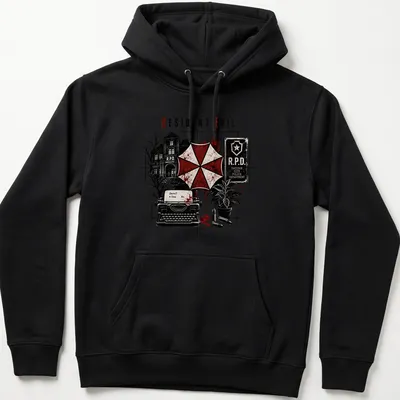 Gothic horror Resident Evil R.P.D. T-shirt with typewriter and Umbrella logo — printed on a unisex hoodie