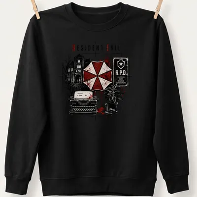Gothic horror Resident Evil R.P.D. T-shirt with typewriter and Umbrella logo — printed on a unisex sweatshirt