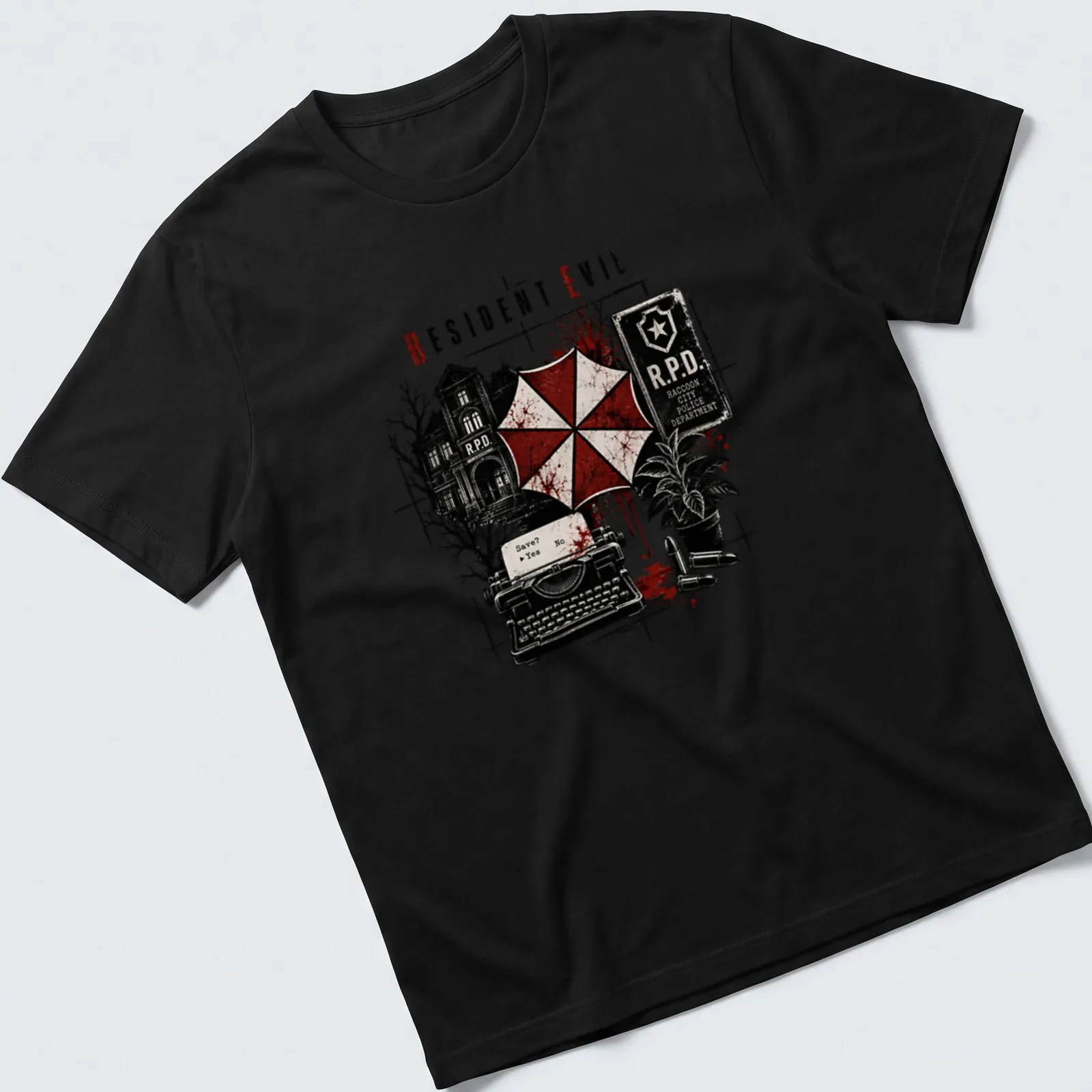 Gothic horror Resident Evil R.P.D. T-shirt with typewriter and Umbrella logo — printed on a unisex t-shirt