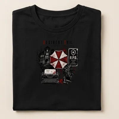 Gothic horror Resident Evil R.P.D. T-shirt with typewriter and Umbrella logo — printed on a women's shirt