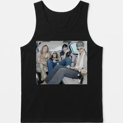 Photographic print of rock band members celebrating in a limousine, with vibrant colors — printed on a tank top