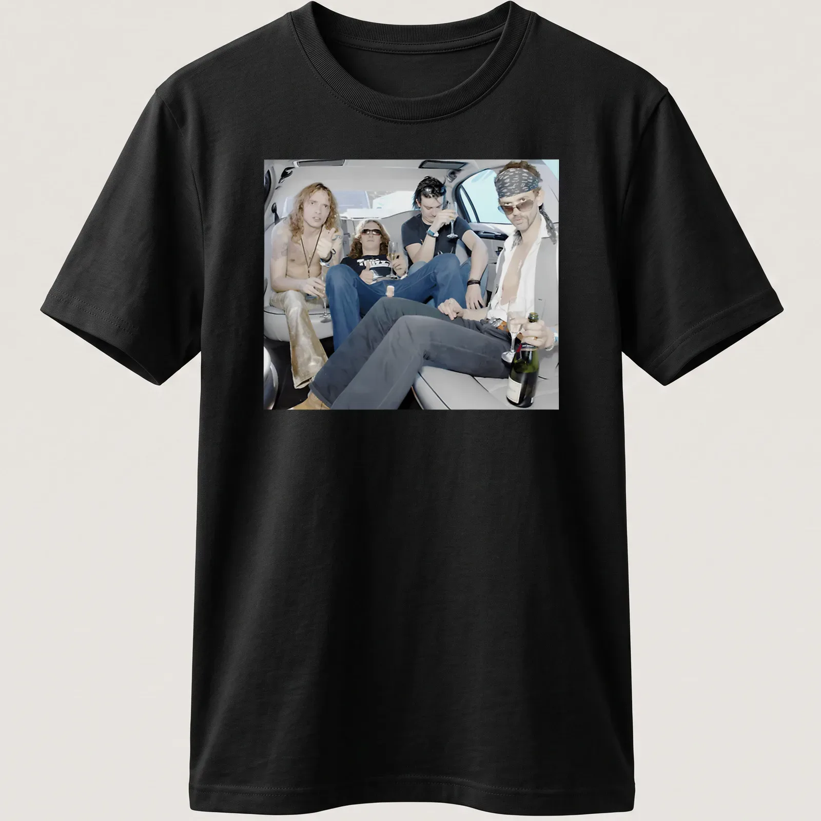 Photographic print of rock band members celebrating in a limousine, with vibrant colors — printed on a unisex t-shirt