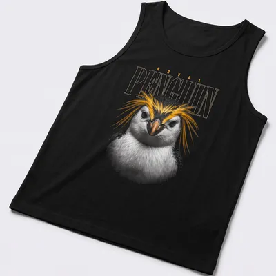 Detailed illustration of a royal penguin's face with colorful plumage. — printed on a tank top