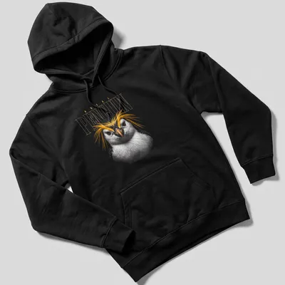 Detailed illustration of a royal penguin's face with colorful plumage. — printed on a unisex hoodie