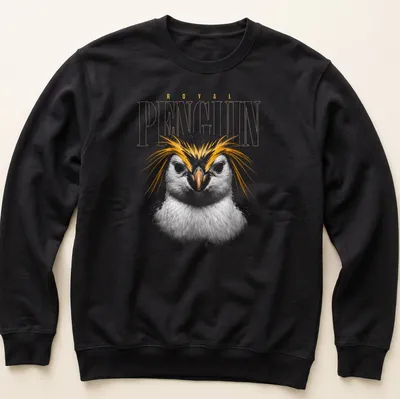 Detailed illustration of a royal penguin's face with colorful plumage. — printed on a unisex sweatshirt