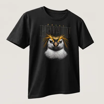 Detailed illustration of a royal penguin's face with colorful plumage. — printed on a unisex t-shirt (angled view)