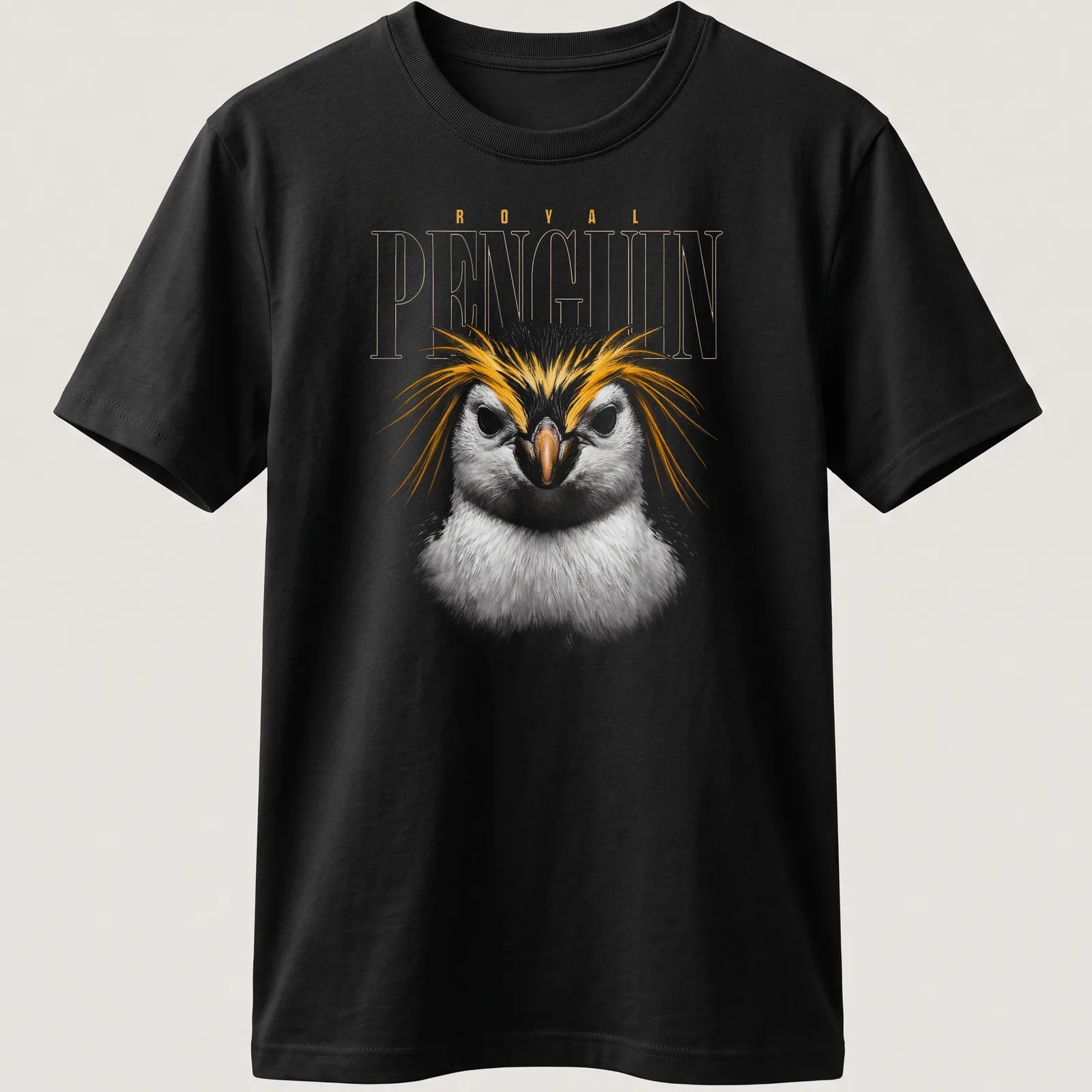 Detailed illustration of a royal penguin's face with colorful plumage. — printed on a unisex t-shirt