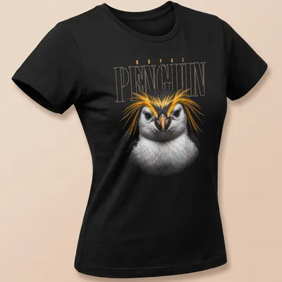 Detailed illustration of a royal penguin's face with colorful plumage. — printed on a women's shirt