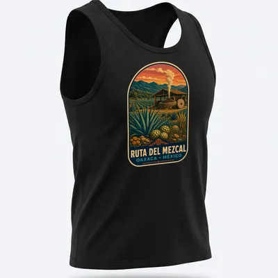 Vintage poster style T-shirt showcasing mezcal production scene with colorful design — printed on a tank top