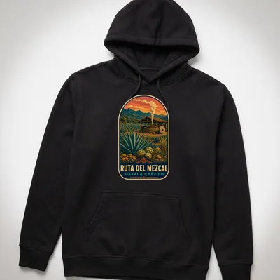 Vintage poster style T-shirt showcasing mezcal production scene with colorful design — printed on a unisex hoodie