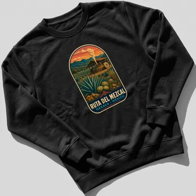 Vintage poster style T-shirt showcasing mezcal production scene with colorful design — printed on a unisex sweatshirt